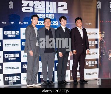 Seoul, South Korea. 23rd July, 2020. (L to R) South Korean actors Jung Woo-sung, director Yang Woo-seok, Yoo Yeon-seok and Kwak Do-won, attend a press conference for the film Steel Rain 2: Summit at Lotte Cinema in Seoul, South Korea on July 23, 2020. The film will be open on July 29. (Photo by: Lee Young-ho/Sipa USA) Credit: Sipa USA/Alamy Live News Stock Photo