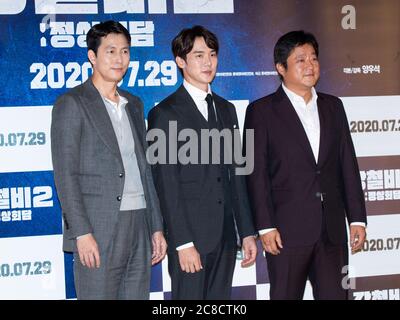 Seoul, South Korea. 23rd July, 2020. (L to R) South Korean actors Jung Woo-sung, Yoo Yeon-seok and Kwak Do-won, attend a press conference for the film Steel Rain 2: Summit at Lotte Cinema in Seoul, South Korea on July 23, 2020. The film will be open on July 29. (Photo by: Lee Young-ho/Sipa USA) Credit: Sipa USA/Alamy Live News Stock Photo