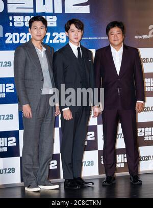 Seoul, South Korea. 23rd July, 2020. (L to R) South Korean actors Jung Woo-sung, Yoo Yeon-seok and Kwak Do-won, attend a press conference for the film Steel Rain 2: Summit at Lotte Cinema in Seoul, South Korea on July 23, 2020. The film will be open on July 29. (Photo by: Lee Young-ho/Sipa USA) Credit: Sipa USA/Alamy Live News Stock Photo