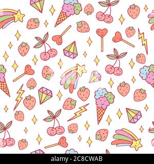 Cute doodle pattern with ice cream, cherry, stars, diamonds etc. Pastel colors. Vector art Stock Vector