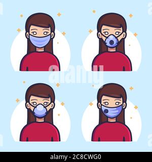 Vector Woman In Different Types Of Face Masks. Flat Cartoon Style. Vector Illustration Stock Vector