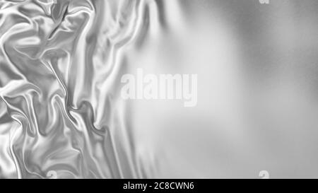 Smooth elegant wavy silver silk satin texture with copy space. Silver cloth abstract background. 3D rendering. Stock Photo