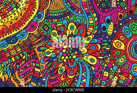 Psychedelic cartoon hand drawn background. Colorful fantastic doodle ornament. Vector illustration Stock Vector