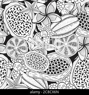 Tropical fruits - seamless pattern for coloring book. Ink hand drawn illustration. Vector artwork Stock Vector