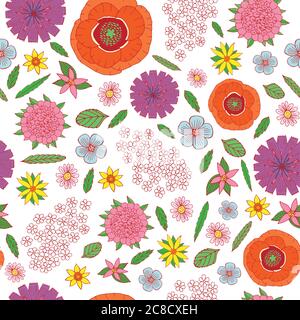 Field flowers on the white background - seamless pattern. Doodle cartoon floral endless background design. Vector illustration Stock Vector