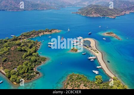 Aerial view of Yassıca Islands of Gocek Fethiye Turkey.