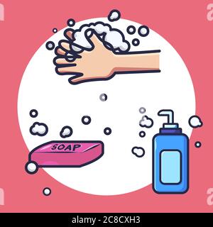 Vector Of Washing Hands. Hand, Soap, And Hand Sanitizer Vector Illustration Stock Vector