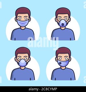 Vector Man In Different Types Of Face Masks. Flat Cartoon Style. Vector Illustration Stock Vector