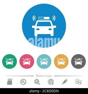 Flashing police car flat white icons on round color backgrounds. 6 bonus icons included. Stock Vector