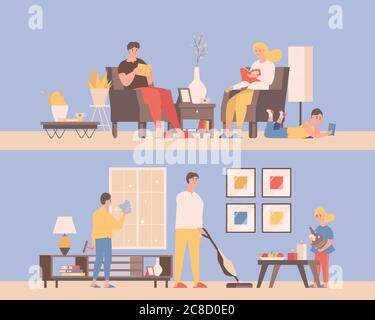 Spending time together at home vector flat illustration. Family time concept. Men and women reading books in comfortable armchairs, cleaning up apartments, vacuuming the floor. Stock Vector