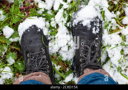 Sudden winter in spring. Feet in black boots on green grass covered with snow. Stock Photo