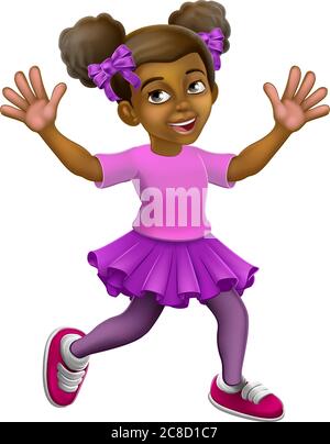 Happy Black Girl Cartoon Child Kid Waving Running Stock Vector