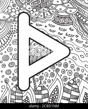 Ancient scandinavic rune turizas with doodle ornament background. Coloring page for adults. Psychedelic fantastic mystical artwork. Vector Stock Vector