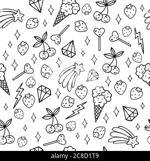 Cute food, diamonds and stars - coloring page with seamless pattern. Doodle design art. Vector artwork Stock Vector
