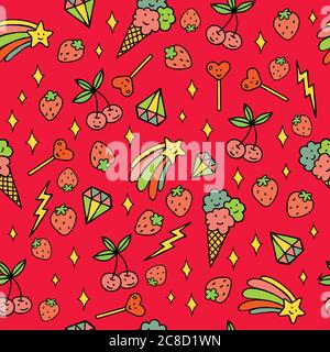 Colorful psychedelic doodle pattern with strawberries, stars, ice-creams etc. Doodle seamless background. Vector art Stock Vector