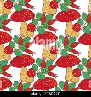 Fly agaric and rosehip - seamless pattern. Hand drawn ink graphic design. Vector illustration Stock Vector