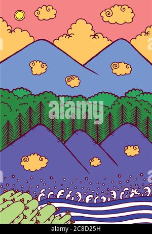 Mountains landscape - cartoon hand drawn artwork. Doodle illustration with nature outdoor. Vector art Stock Vector