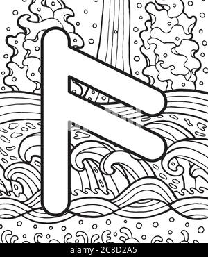 Ancient scandinavic rune ansuz with doodle ornament background. Coloring page for adults. Psychedelic fantastic mystical artwork. Vector illustration Stock Vector