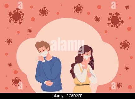 Young man and woman infected with Coronavirus vector flat illustration. People in medical face masks have a cough, surrounded by Covid-19 cells. Sick persons having cold. Stock Vector
