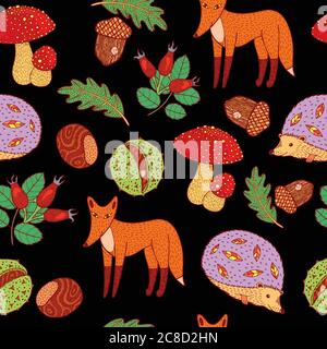 Autumn forest - animals and plants on the black background. Doodle hand drawn seamless pattern. Vector artwork Stock Vector