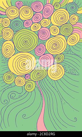 Doodle cartoon background with circles and spirals. Hand drawn texture design. Colorful psychedelic abstract drawing. Vector artwork Stock Vector