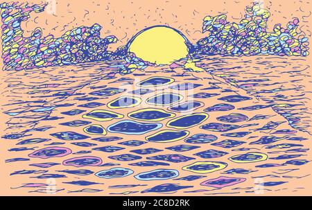 Sea sunset - colorful hand drawn drawing. Artistic illustration with sunny sketch landscape. Vector artwork Stock Vector