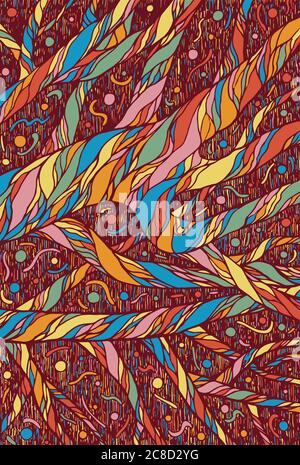 Tree brunches in the night winter forest. Sky and stars. Cartoon psychedelic fantasy illustration. Vector artwork Stock Vector