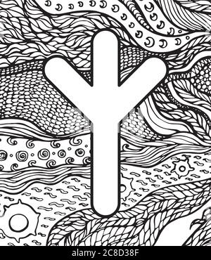 Ancient scandinavic rune aelghiz with doodle ornament background. Coloring page for adults. Psychedelic fantastic mystical artwork. Vector Stock Vector