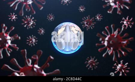 Planet earth with face mask protect surrounded by viruses: 3D illustration Stock Photo