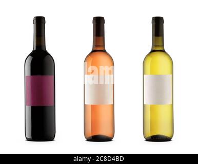 Three wine bottles with blank labels of red, rose and white wine of the same producer isolated on white Stock Photo