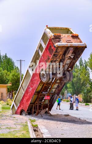 Wrecked bus in the oil town of Aksai, Jiuquan, Gansu, China Stock Photo