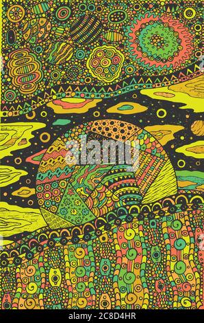 Doodle surreal fantastic art with planet and cosmic landscape. Ornamental psychedelic colorful artwork. Vector illustration Stock Vector