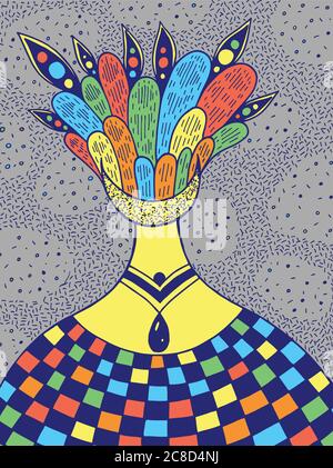 Hand drawncolorful psychedelic illustration with the alien surreal girl. Abstract fantastic art. Vector artwork Stock Vector