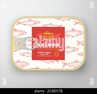 Canned Fish Label Template. Abstract Vector Fish Aluminium Container with Label Cover. Packaging Design. Modern Typography and Hand Drawn Salmon Stock Vector