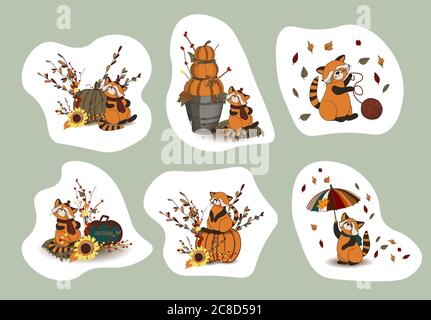 Autumn stickers. HELLO, AUTUMN. RED PANDA CHARACTER. CUTE FUNNY ANIMALS. Vector illustration.. Stock Vector