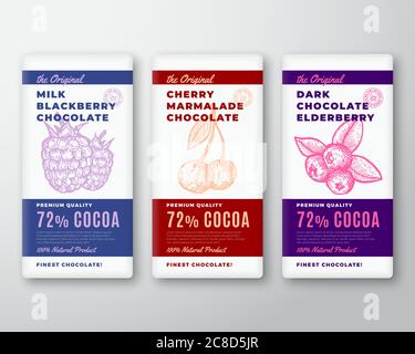 The Original Finest Chocolate Abstract Vector Packaging Design Labels Set. Modern Typography and Hand Drawn Blackberry and Cherry with Elderberry Stock Vector
