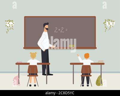Male math teacher explaining multiplication to elementary school pupils or children near chalkboard. Young man teaching mathematics or arithmetic Stock Vector