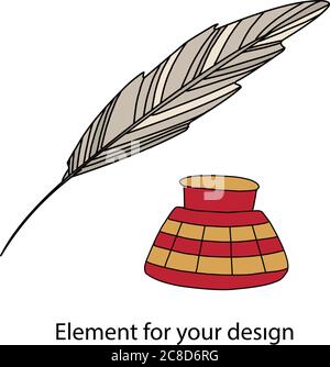 Feather and ink. A jar of ink. Write. Writing tools. Vector illustration Stock Vector