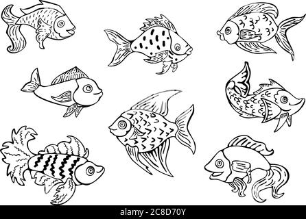 Vector set of black and white fish in retro linocut style. Collection of fish, vector illustration. Stock Vector