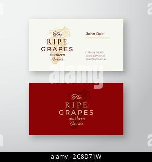 Ripe Grapes Farm Abstract Elegant Vector Sign or Logo and Business Card Template. Hand Drawn Grape Bunch with Leaf. Premium Stationary Realistic Mock Stock Vector