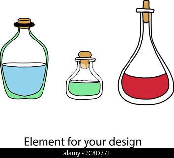 magic items. Magic potions. Bottles with multi-colored witchcraft broths Stock Vector