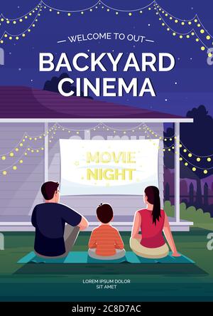 Backyard cinema poster template. Family watching film outside. Commercial flyer design with semi flat illustration. Vector cartoon promo card. Open ai Stock Vector