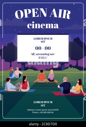 Open air cinema poster template. Romantic date. Performance on screen. Commercial flyer design with semi flat illustration. Vector cartoon promo card. Stock Vector