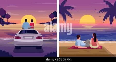 Couple watch sunset semi flat vector illustration set. Romantic weekend for woman and man. Pair sit on blanket in dusk. Lovers on beach 2D cartoon cha Stock Vector