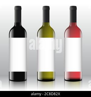 Premium Quality Red, White and Pink Wine Blank Labels Set on the Realistic Vector Bottles. Clean and Modern Mock Up or Design Template. Stock Vector