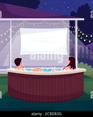 Romantic backyard date semi flat vector illustration. Partners in hot tub watch movie on projection screen. Large blank display at home. Married coupl Stock Vector