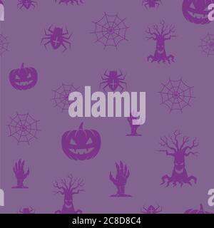 Fun Halloween Icons Vector Seamless Background Pattern. Spiders, Pumpkins and Soopky Trees and Zombie Hands with Web Card or Cover Template. Stock Vector