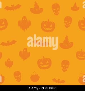 Fun Halloween Icons Vector Seamless Background Pattern. Skulls, Pumpkins and Bats and Ghosts Card or Cover Template. Stock Vector