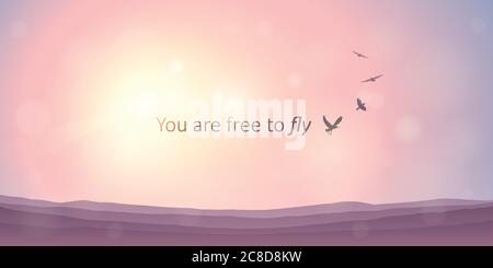you are free to fly typography with birds on purple mountain background vector illustration EPS10 Stock Vector