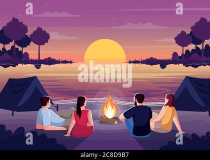 Beach camping night semi flat vector illustration. People lounge together and watch sunset over sea. Bonfire and tents for weekend rest. Friends 2D ca Stock Vector